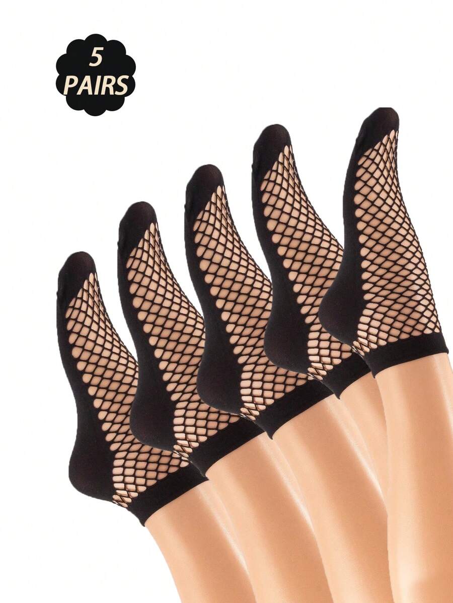 cookedcolor 5 Pairs Of Women's Spring/Summer Thin And Sexy Fishing Net Socks - Black - View 1