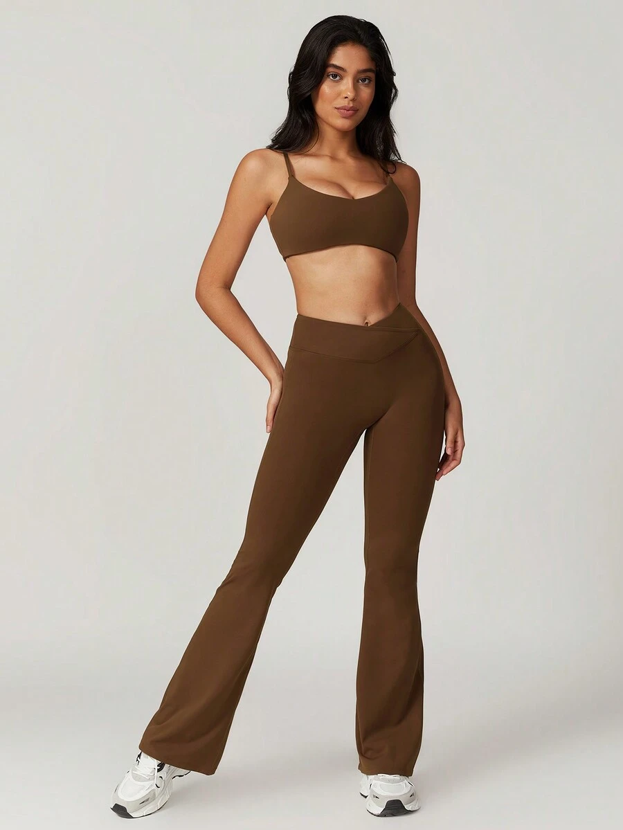 MASKERT "2-Piece Set"Women's Casual Tight Yoga Vest, Long Pants Set, High Elasticity Running Sports Set, Yoga Suit Set - 可可 - 查看 1