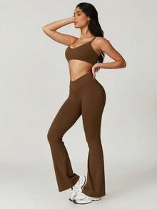 MASKERT "2-Piece Set"Women's Casual Tight Yoga Vest, Long Pants Set, High Elasticity Running Sports Set, Yoga Suit Set - 可可 - 查看 4