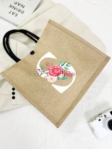 Linen Tote Bag, Including A Printed Initials A-Z Tote Bag And A Printed Small Bag, Black Letters, Flowers, Personalized Gift Package, Yellow Linen Black Tote Bag With Black Buckle, Combination Of Small And Large Bag