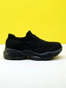 Zapatillas deportivas casuales de mujer con decoración de puntos negros, cojín de aire, amortiguación de choque y de punto, tipo mocasín slip-on
