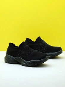 Zapatillas deportivas casuales de mujer con decoración de puntos negros, cojín de aire, amortiguación de choque y de punto, tipo mocasín slip-on