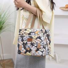 花卉印花方形保溫袋時尚印花午餐袋便當袋便當盒袋通勤休閒手提袋大容量午餐袋方便購物袋