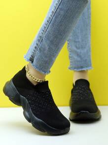 Zapatillas deportivas casuales de mujer con decoración de puntos negros, cojín de aire, amortiguación de choque y de punto, tipo mocasín slip-on