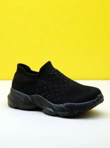 Zapatillas deportivas casuales de mujer con decoración de puntos negros, cojín de aire, amortiguación de choque y de punto, tipo mocasín slip-on