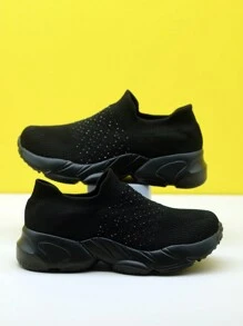 Zapatillas deportivas casuales de mujer con decoración de puntos negros, cojín de aire, amortiguación de choque y de punto, tipo mocasín slip-on