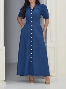 The lemon 928 vestido longo jeans feminina lisa manga curto 928 - Lavagem escura - Visão 6