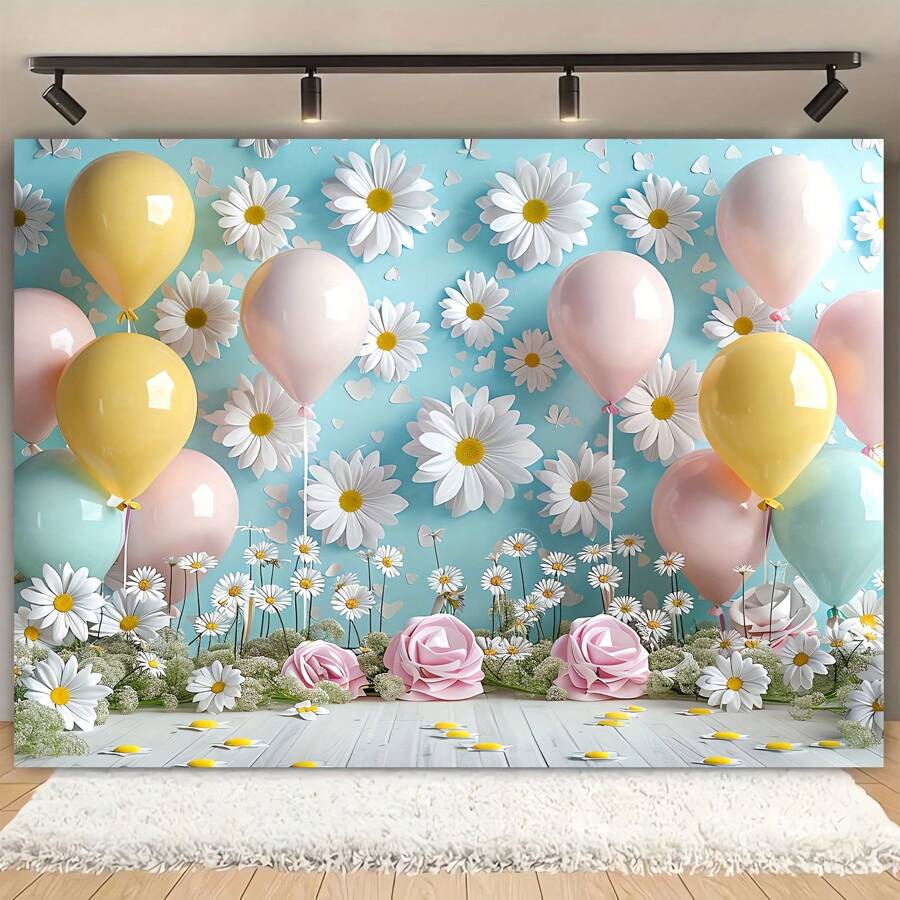 1 Stück Polyester Gänseblümchen Blumen Fotografie Hintergrund mit Makronen Luftballons für Geburtstag, Studiofotoshootings & Mehrzweck Frühling/Sommer Banner Dekorationen - Keine Stromversorgung benötigt, Weihnachten