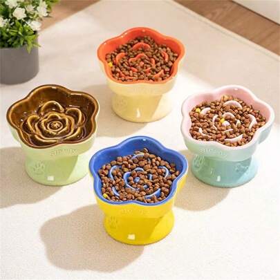 Pet Slow Feeding Bowl, Ceramic Raised Cat/Dog Bowl, Anti-Choking, Anti-Spill, Neck Protection, With Slanted Opening, For Small Dogs And Cats