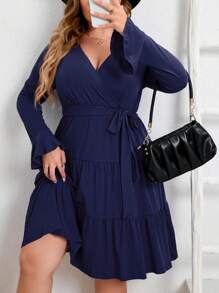 Women Plus Size V Neck Wrap Dress High Waist Ruffle Long Sleeves Casual Midi Belt Dress - 藏蓝色 - 查看 2