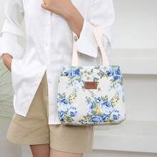 花卉印花方形保溫袋時尚印花午餐袋便當袋便當盒袋通勤休閒手提袋大容量午餐袋方便購物袋