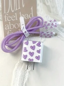 Bộ 5 Bộ Bảo Vệ Cáp Và Sạc Hình Trái Tim Màu Tím Cho IPhone14promax, Cuộn Cáp Sạc IPhone13/12/11, Đầu Sạc Nhanh 18/20W, Cuộn dây xoắn chống đứt, Món quà lý tưởng cho bạn trai/bạn gái - Nhiều màu - Xem 4