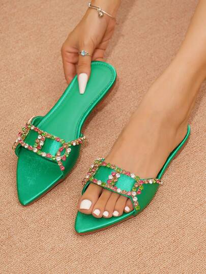 Women's Rhinestone Decorated Sandals, Handmade Open Toe Slippers With Colorful Crystals Embellishment