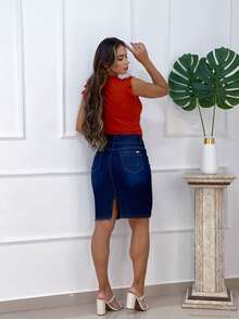 Women Denim Skirts - 中等水洗藍 - 查看 2