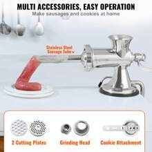 Manual Meat Grinder, 304 Stainless Steel Hand Meat Grinder With Suction Cup + Steel Table Clamp, Meat Mincer Sausage Maker & 2 Cutting Plates, Sausage Tube, Grinding Head For Beef Pepper Cookie - Silver - View 4