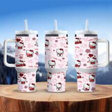 Sanrio 1 pieza Botella de agua de acero inoxidable de 40oz con asa, aislada, al vacío, con diseño lindo de Hello Kitty, portátil para viajes al aire libre (con pajita)