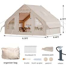 Inflatable Camping Tent With Pump, Glamping Tents, Easy Setup 4 Season Waterproof Windproof Outdoor Blow Up Tent, Suitable For 2-6 People - 米色 - 查看 6