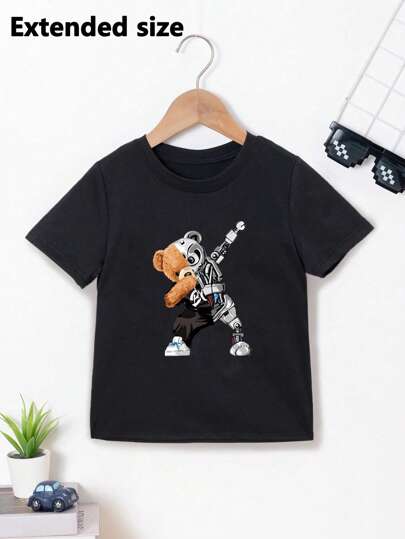 Young Boy Plus Size Simple Mechanical Bear Print Knitted Round Neck Short Sleeve T-Shirt