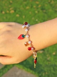Pulsera de corazón, fresa y cereza con perlas falsas, ideal para el Día de San Valentín - Pulsera de Perlas Love Fresa Cereza - Ver 14