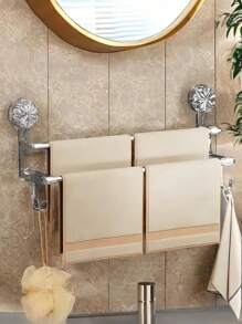 1pc Double Bar Towel Rack With Hook, Wall-Mounted Storage Shelf With Suction Cup, Towel Bar Holder For Wet/Dry Towels, Reusable Drying Rack, For Bathroom Organization, Door Hook, Metal Storage Hook, Suitable For Towels, Bath Towels, Scarves, Bath Sponges, Home Decor, Room Decor, Bathroom Accessories