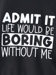 Fall/Winter Young Boys' Solid Color Letter Printed Long Sleeve Sweatshirt With Ribbed Collar + Solid Color Letter Printed Pants Two Pieces Set - Black - View 4