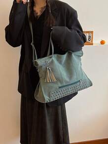 復古時尚大容量通勤手提袋，帶鉚釘和流蘇 - 綠色 - 查看 9