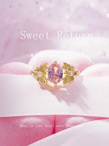 1入優雅時尚金鍍銅立體鑽蝴蝶，粉紅鑽石和幾何圖案開放式戒指，適用於日常聚會和休閒通勤 - 金色 - 查看 5