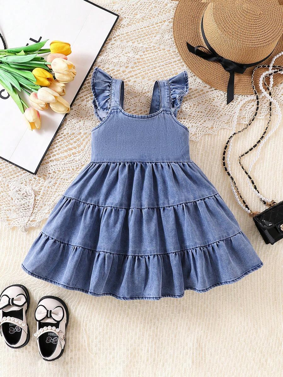 全新春夏款女婴休闲盖袖奶牛印花吊带连衣裙，可调节肩带 - 中等水洗藍 - 查看 1