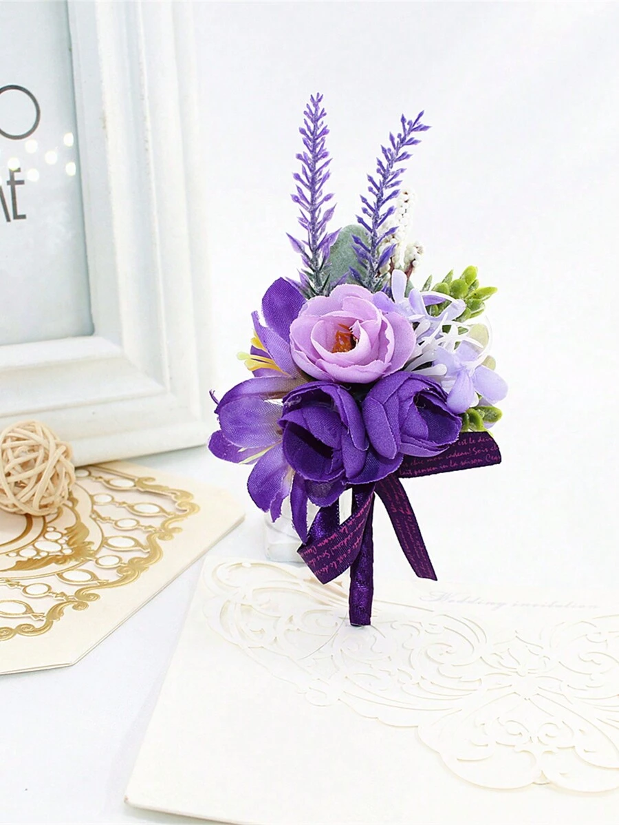 1入組男士經典款式婚禮胸花帶紫色仿真花和松果和薰衣草和百合 - 紫色 - 查看 1