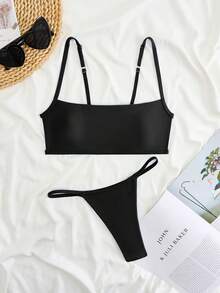 2pcs/Set Multicolor Bandeau Backless Sexy Bikini & Thong Swimwear - Black - View 3