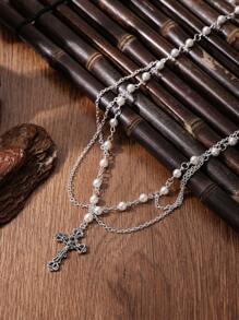 Victorian Gothic Cross  Necklace With Chain Charm Handmade Sacred Faux Pearl Beaded Layered Jewelry Mother's Day Gift For Her