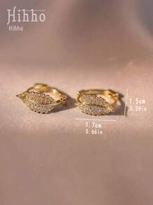 Hihho 1pair Delicate Micro-Inlaid Cubic Zirconia Leaf-Shaped Hoop Earrings, Suitable For Women's Daily Decoration