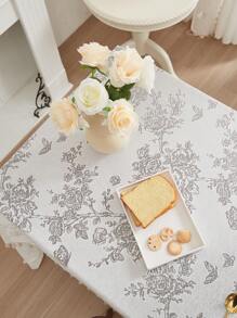 1 pieza Mantel blanco con borlas y diseño de rosa para mesa de café, cocina, comedor, adecuado para decoración de cumpleaños, fiesta o cena familiar