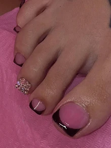 Upgrade Your Look - 24pcs Short French Style Black Rhinestone False Toe Nails Manicure Set For Women And Girls - Multicolor - View 1