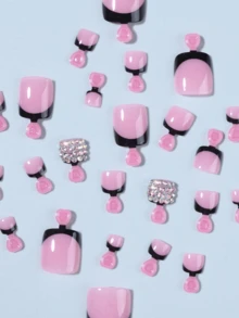 Upgrade Your Look - 24pcs Short French Style Black Rhinestone False Toe Nails Manicure Set For Women And Girls - Multicolor - View 3