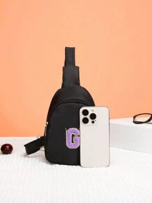 1 件迷你尼龙拉链开合时尚字母胸包，适合男孩和女孩，一体式休闲包，适合日常使用（DIY 字母贴纸） - 黑色 - 查看 7