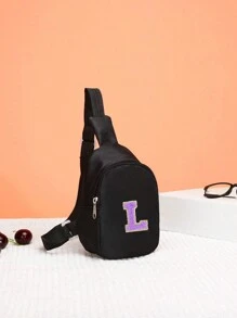 1 件迷你尼龙拉链开合时尚字母胸包，适合男孩和女孩，一体式休闲包，适合日常使用（DIY 字母贴纸） - 黑色 - 查看 5