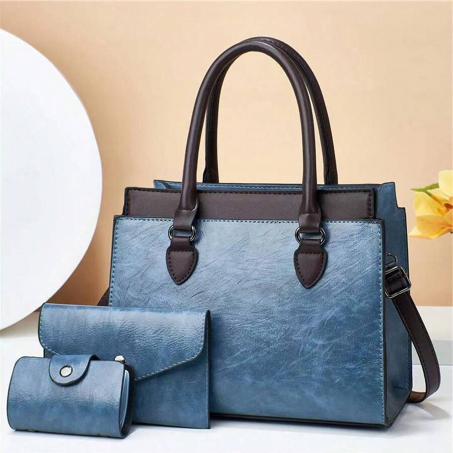 3Pcs All-Match Multi-Pocket Tote Bag Set, Solid Color Shoulder Bag & Coin Purse & Card Holder, Perfect Women Bag Set For Commuting - Blue - View 1