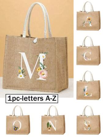 Linen Tote Bag, Including A Printed Initials A-Z Tote Bag, White Letters,Sunflower Flowers,Flower, Personalized Gift Package, Yellow Linen White Tote Bag With White Buckle, Suitable For Weddings, Birthdays, Beaches, Holidays, Making It The Gift For Women, Mothers, Teachers, Friends, Bridesmaids, Big Bags, Students, And Returning To School