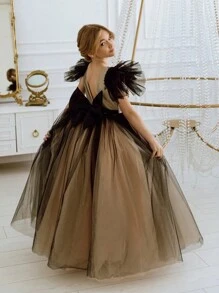 Váy công chúa tay lỡ cổ chữ V sâu đính nơ cho tiệc Giáng sinh dành cho bé gái tuổi teen, thích hợp cho tiệc sinh nhật, tiệc cưới, vũ hội, sự kiện ngày lễ - Đen và vàng - Xem 4