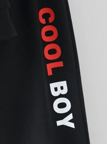 Fall/Winter Young Boys' Solid Color Letter Printed Long Sleeve Sweatshirt With Ribbed Collar + Solid Color Letter Printed Pants Two Pieces Set - Black - View 6