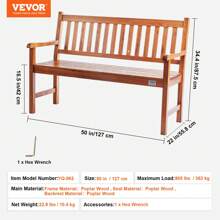 SKYSHALO Outdoor Bench, 50 Inches Wood Garden Bench For Outdoors, Outdoor Garden Park Bench With Backrest And Armrests, 800 Lbs Load Capacity Bench, Patio Bench For Garden, Park, Yard, Front Porch