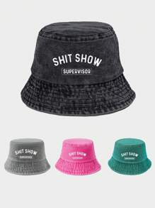 1顶春夏户外休闲遮阳帽，女士款，旅行、度假、遮阳，印花字母“SHITSHOW”，Y2K男士水洗渔夫帽，情侣款，沙滩、假日、节日 - 印刷 - 查看 7