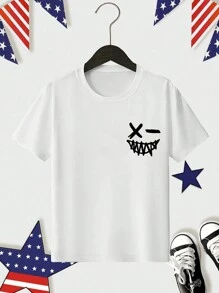 Tween Boy 2024年夏季新款笑脸印花圆领短袖T恤 - 白色 - 查看 2