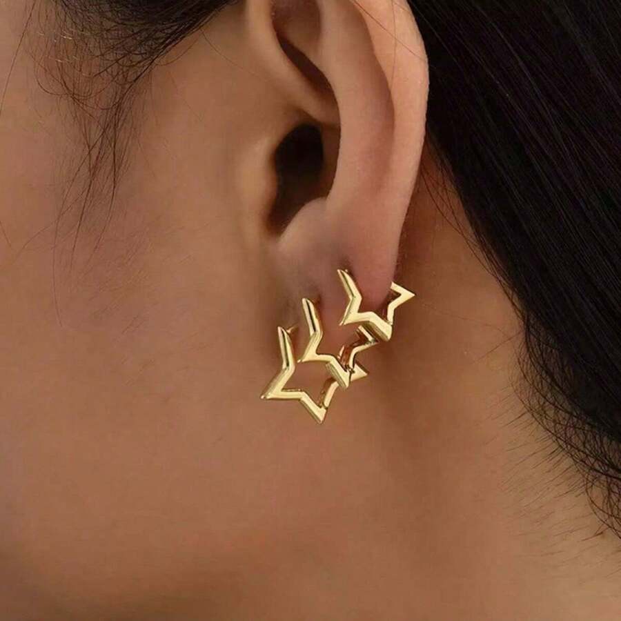 6pcs Simple Metal Five-Pointed Star Shaped Copper Earrings, Great For Women's Vacation, Dating, Gifts And Daily Wear