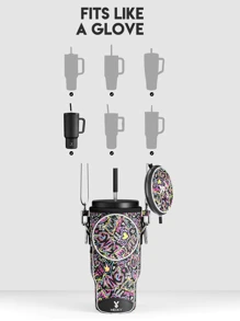 1个氯丁橡胶保温水瓶套，带肩带，便携式饮料套，时尚配饰，粉色图案设计，水瓶保护套 - 彩色 - 查看 3