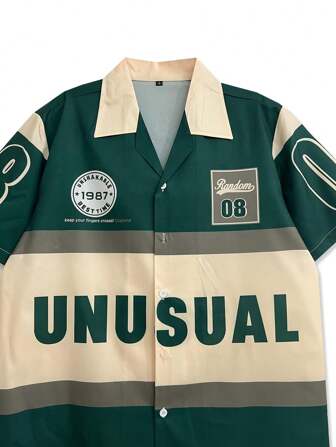 חולצת קיץ מזדמנת עם שרוול קצר בצבע הדפס אותיות מתיחה לגברים