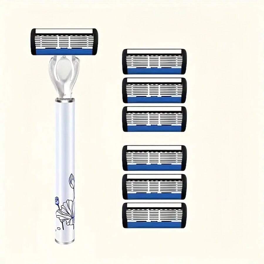 1入組具有6個六層不銹鋼刀頭的剃鬚刀，傳統風格，防滑且耐用，適用於日常面部護理和光滑剃鬚