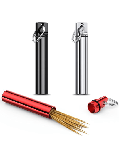 1/2pcs Metal Portable Toothpick Case, Pocket Waterproof Toothpick Holder With Key Chain, Suitable For Outdoor Picnic, Camping, Travel, Wallet, Earwax Cleaner, Needles, Cleaning Swabs