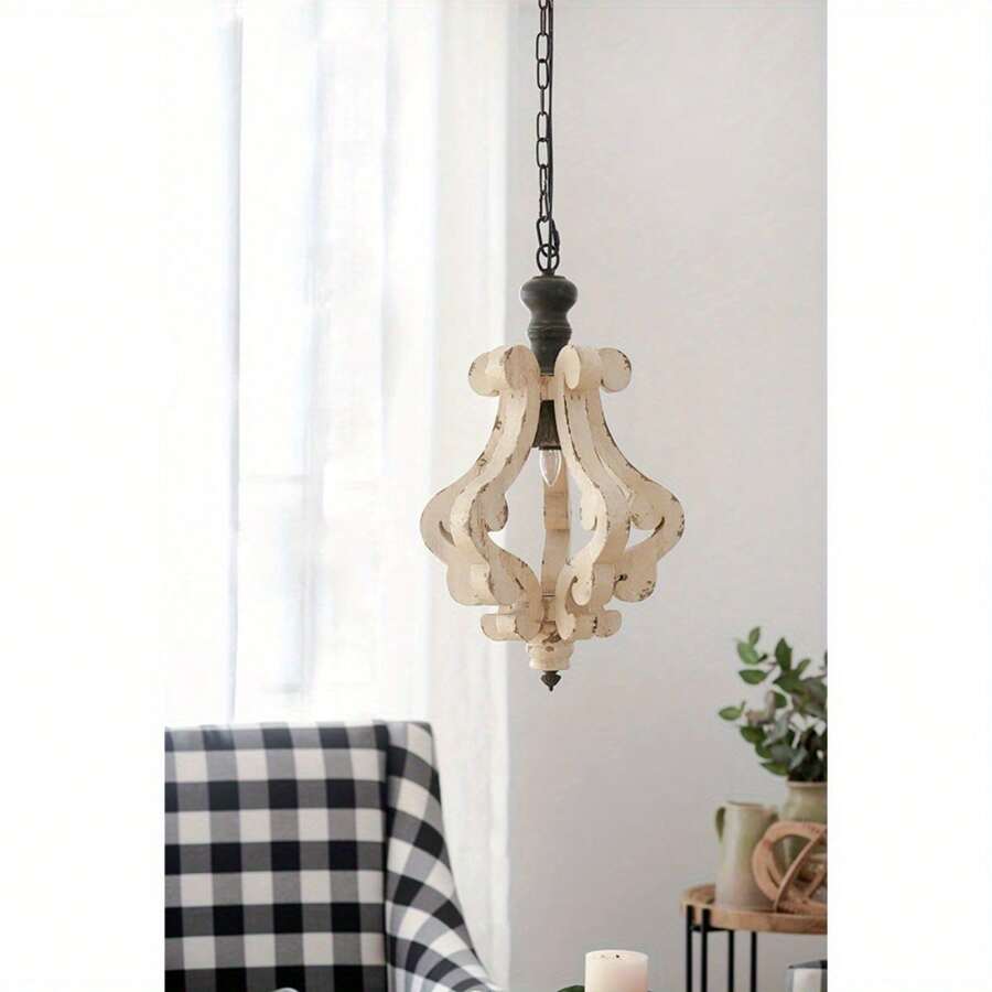 Farmhouse Chandeliar, Distressed White Pendant French Country Wood Chandelier For Living Room Foyer, Bulb Not Included - Blue - View 1